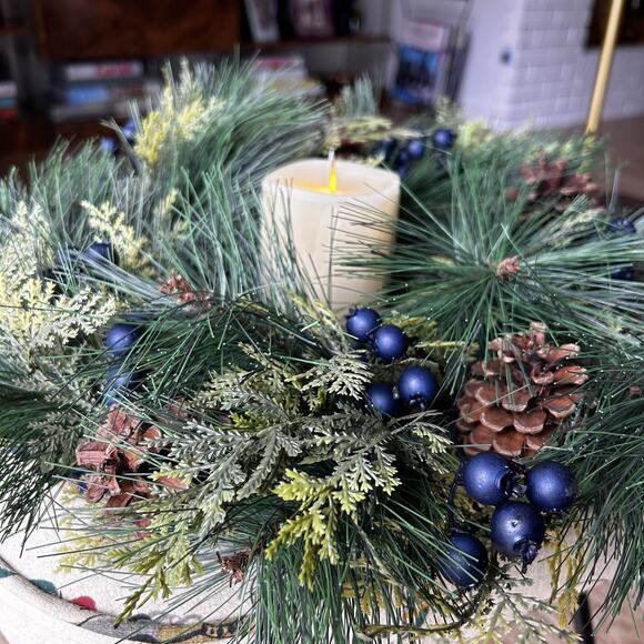 Luminara 4.5" Pillar Flameless Candle + Christmas 18" Wreath Blue Berries Pines - Picture 3 of 10